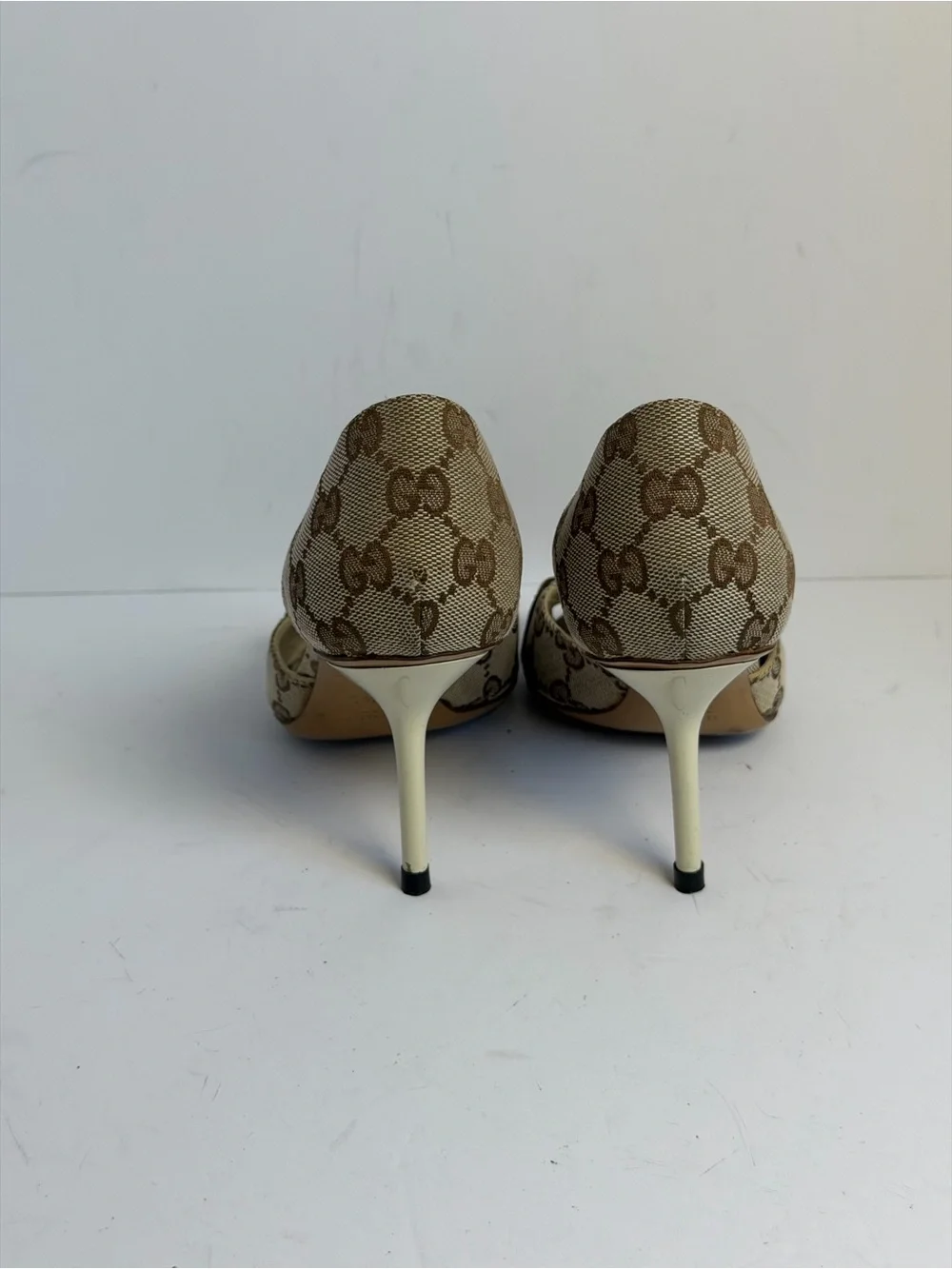 Gucci GG Canvas Hollywood Horsebit D'Orsay Peep Toe Heels Size 34.5